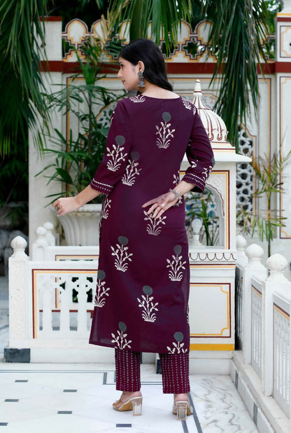 Miravan Women's Cotton Fabric Purple Kurta With Palazzo
