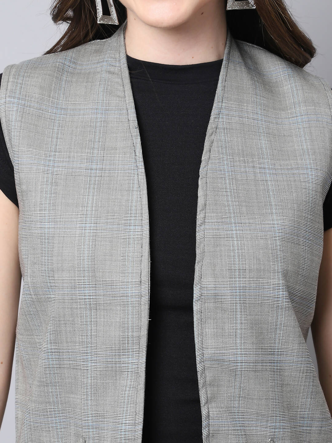 Even Apparels Grey Polywool Open Front Checked Women's Long Coat