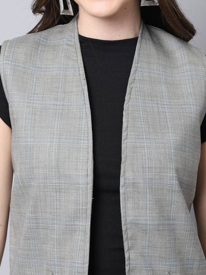 Even Apparels Grey Polywool Open Front Checked Women's Long Coat