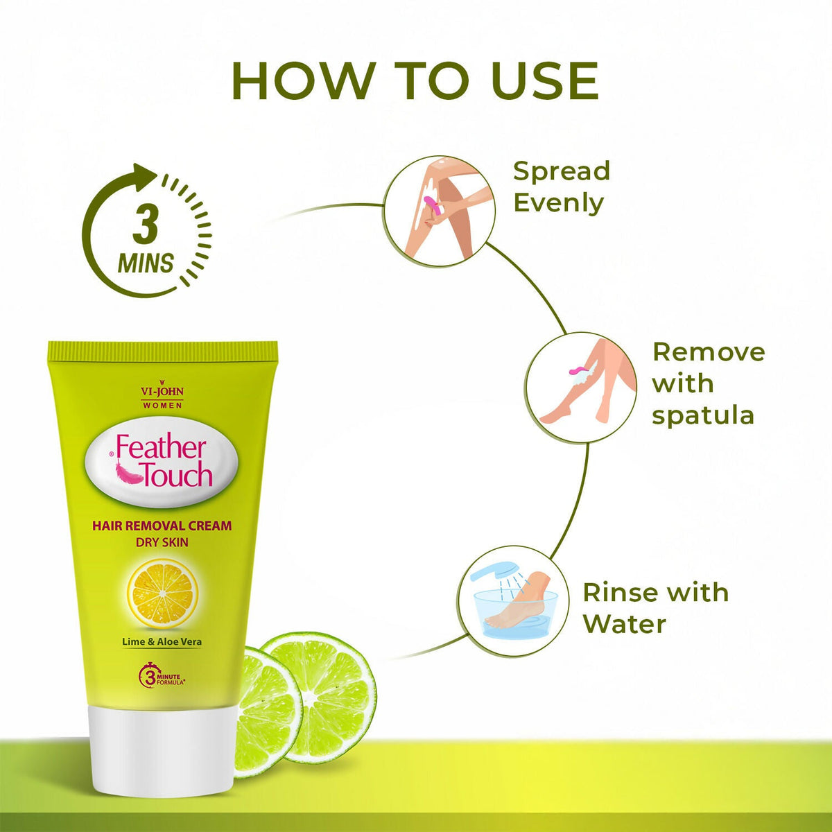 VI-JOHN Feather Touch Lime & Aloevera Hair Removal Cream for Women for Dry Skin, Suitable for Legs, Underarms, Bikini Line, Arms