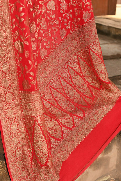 Joban Fashion Red Crepe Chiffon Banarasi Pure Handloom Banarasi Silk Saree