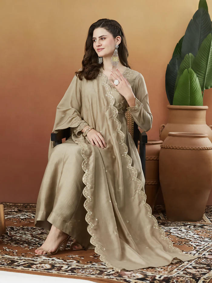 The52 Chiku Women's Beautiful Vichitra Silk Fabric Embroidered Work Flared Anarkali Pant and Dupatta Set