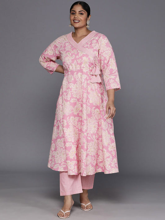 Sztori Plus Size Floral Printed Gotta Patti Pure Cotton A Line Kurta with Trousers
