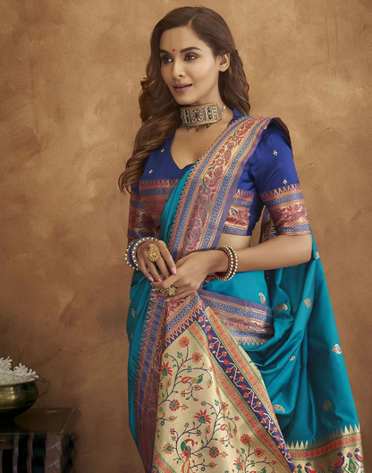 Vastranavya Blue Soft Paithani Silk Saree With Gold Zari Weaving Motifs With Matching Blouse Fabric