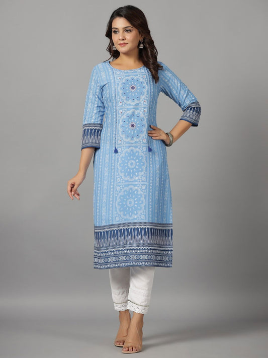 Juniper Women's Blue Ethnic Motif Printed Rayon Slub Kurta With Beads & Sequins