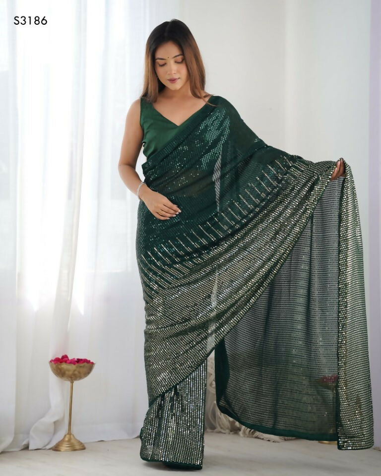Green Georgette Designer Sequence Embroidery Work Saree - Sitare