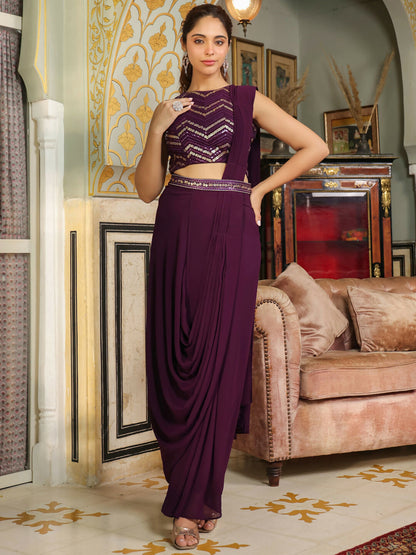 Janasya Purple Georgette Sequined Saree and Blouse