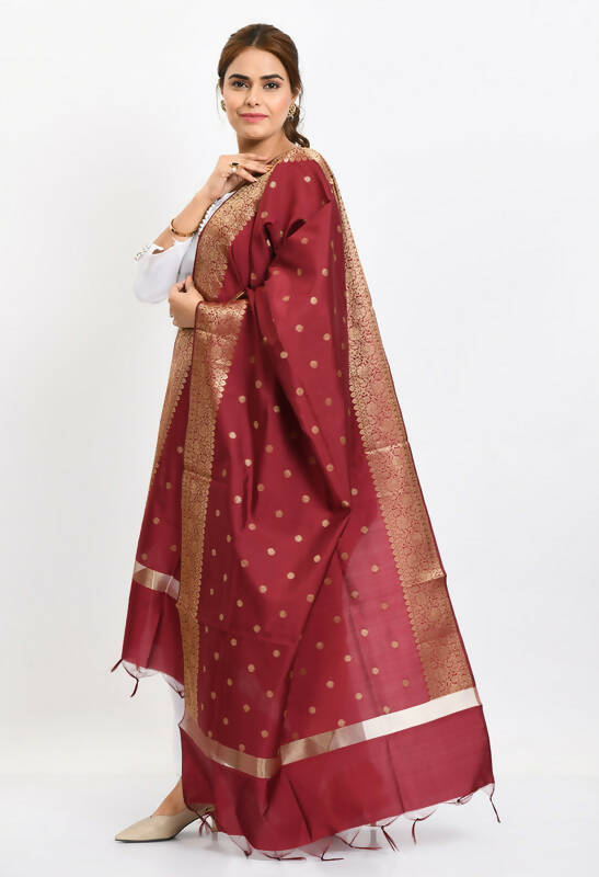 Mominos Fashion Moeza Women's Banarsi Silk Woven Design Maroon Dupatta