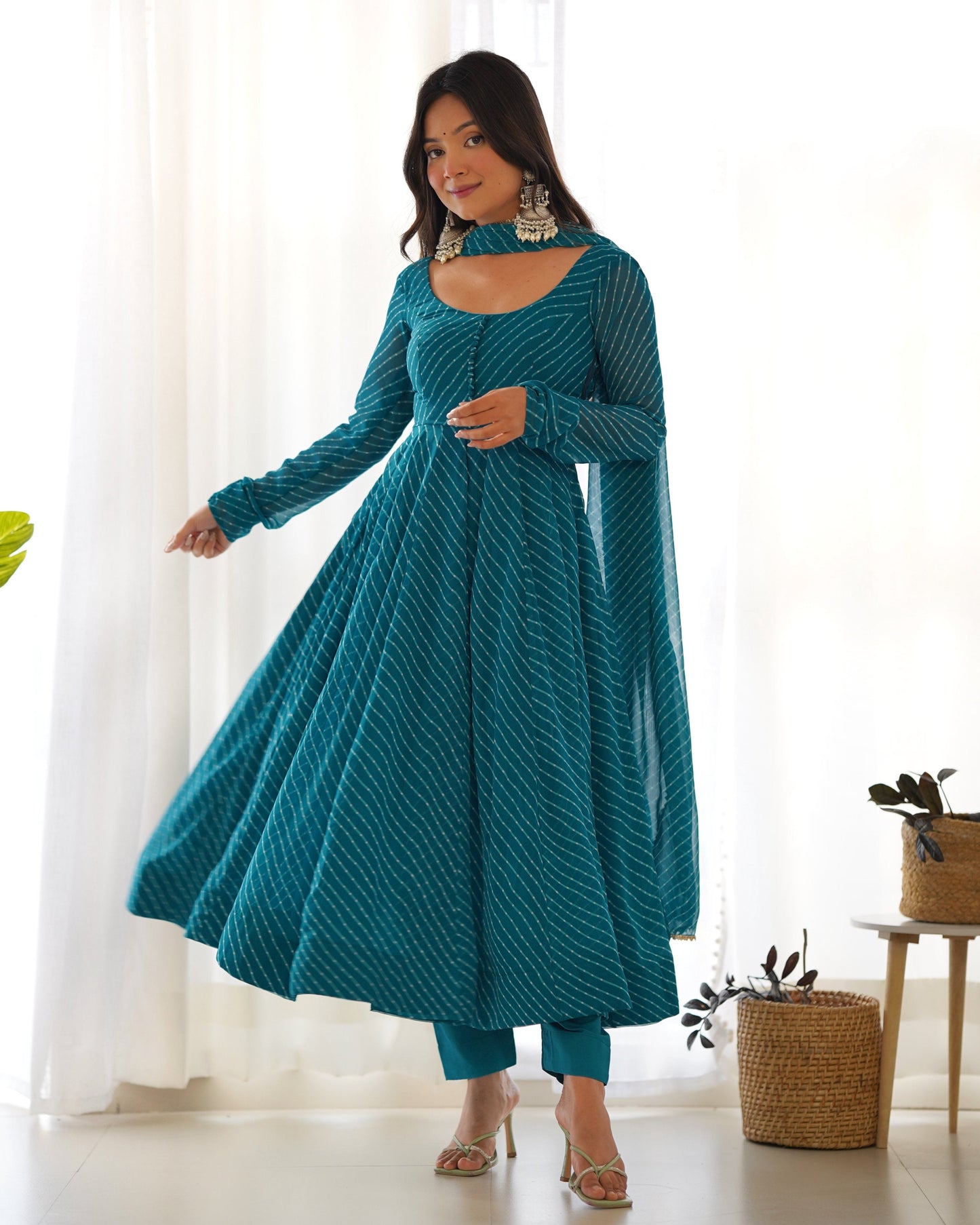 Teeya Creation Green Abstract Leheriya Print Faux Georgette Anarkali Gown With Pants And Dupatta