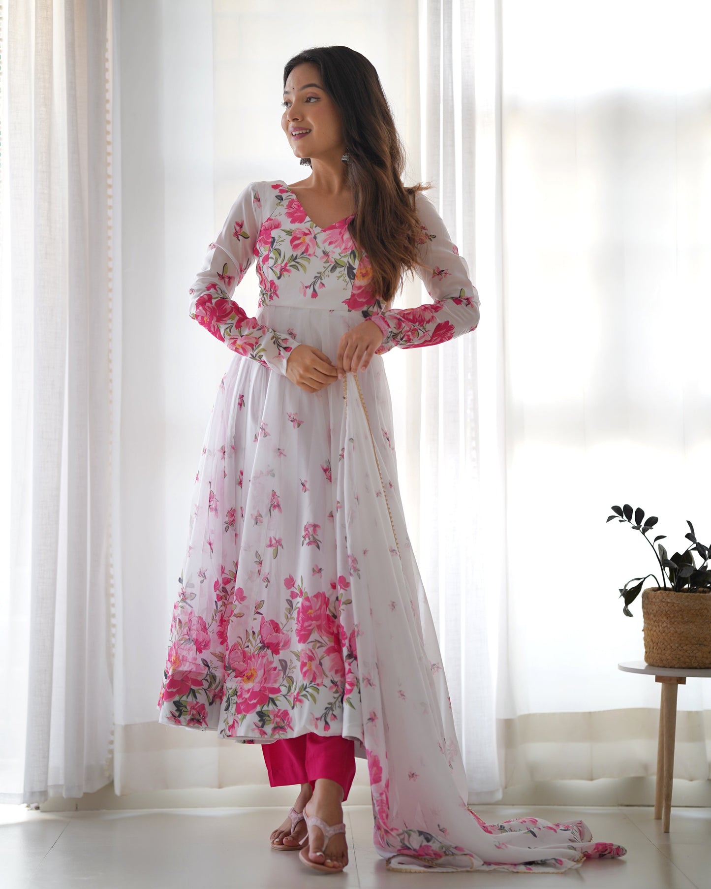 Teeya Creation White Color Digital Print Soft organza Anarkali With Pants And Dupatta