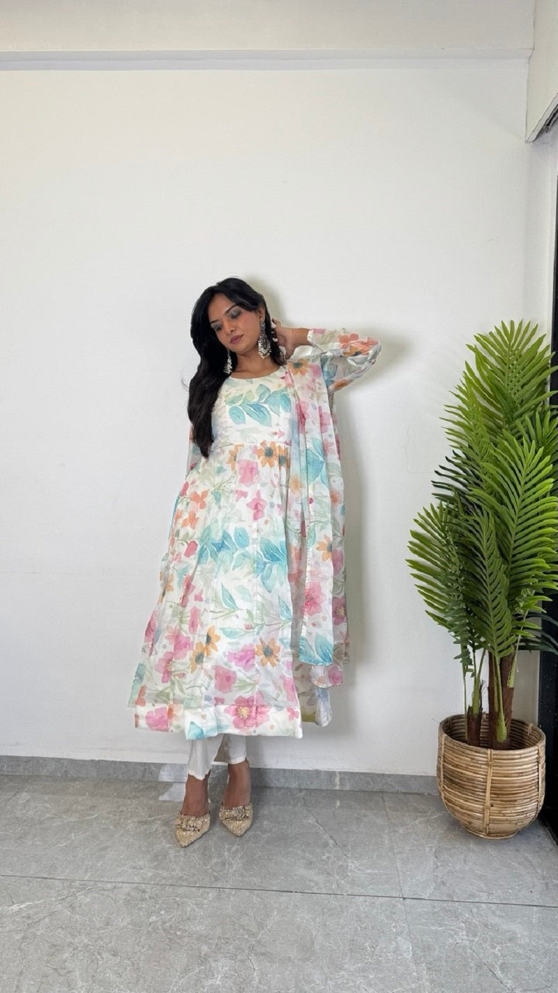 Teeya Creation Multi Color Pure Soft Organza Digital Print Fully Stitched Gown