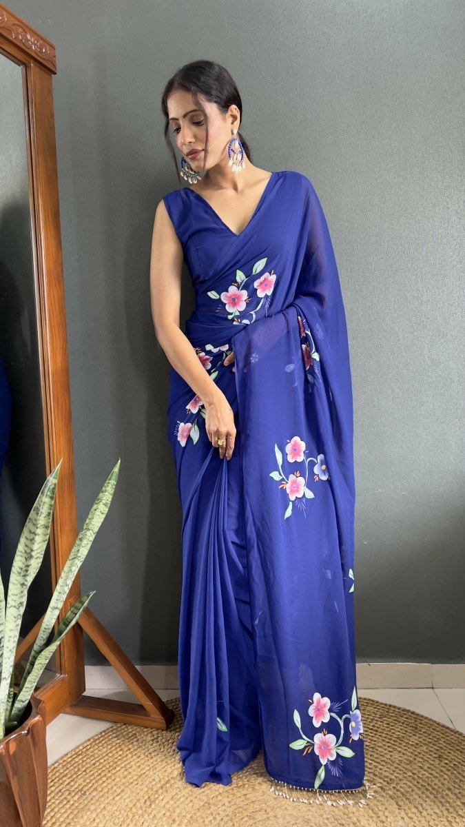 Aayaa Designer 1 min Hand Painted Ready to Wear saree - Navy Blue