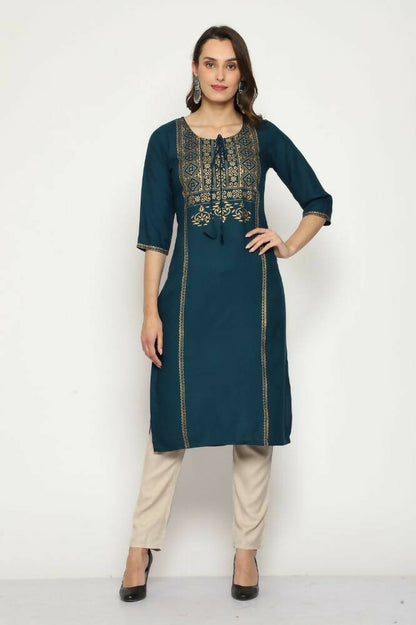 Maai Rayon Hand Printed Kurta Navy