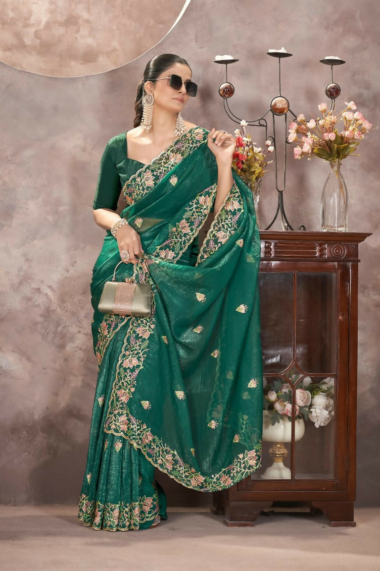 Vastranavya Gold Crunchy Multi Colour Threads Embroidery Work with Sequins Work Saree with Blouse material - Green