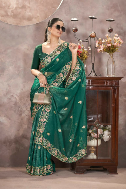 Vastranavya Gold Crunchy Multi Colour Threads Embroidery Work with Sequins Work Saree with Blouse material - Green