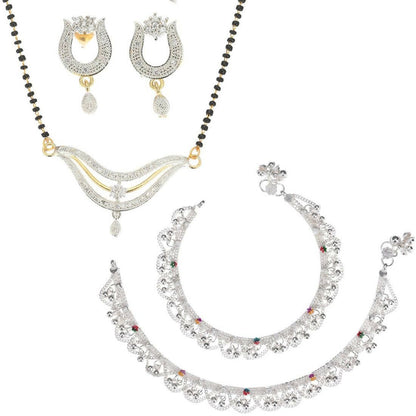 AanyaCentric Gold-Polished Mangalsutra Pendant Earring Set & Silver Plated Anklet