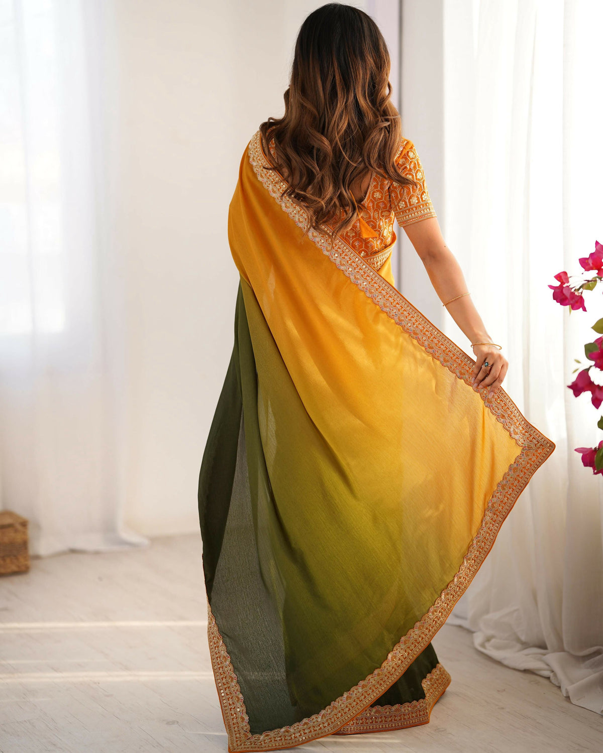 Exclusive Collection Yellow Green Party Wear Chinon Salk Saree
