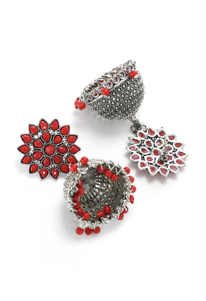 Mominos Fashion Johar Kamal Kundan Work Jhumka With Red Beads