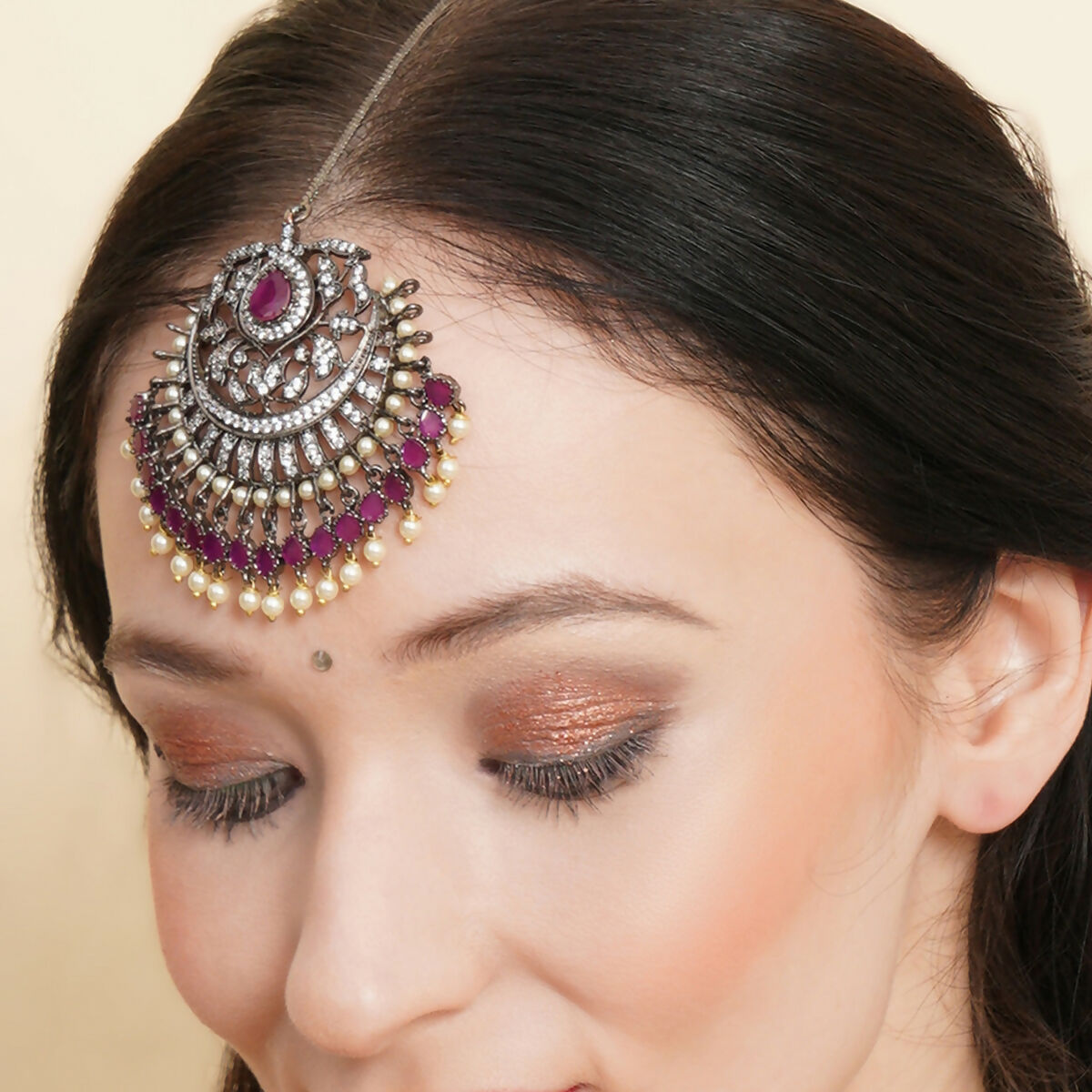 Oversized Diamond & Maroon Stone Maang Tikka- Ruby Raang