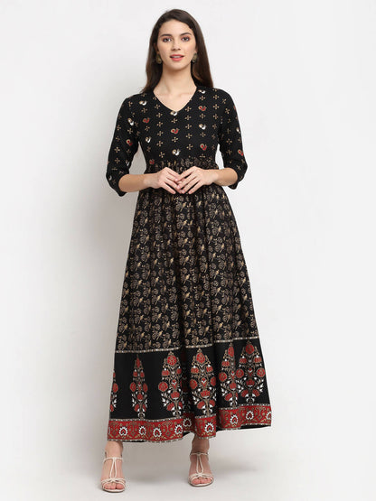 Rudra Bazaar Floral Printed A-Line Flared Black Kurti