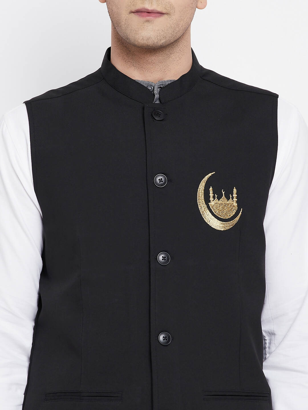Even Apparels Black Pure Cotton Nehru Jacket With Eid Insignia NJ-PW668-CHA