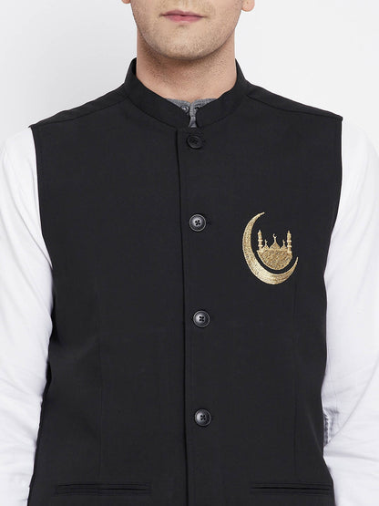 Even Apparels Black Pure Cotton Nehru Jacket With Eid Insignia NJ-PW668-CHA