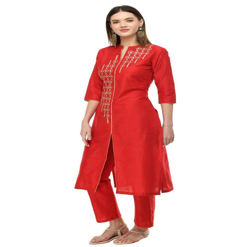 Lagi Women's Red Poly silk Straight Embroidred Kurta Pant (RO115B)