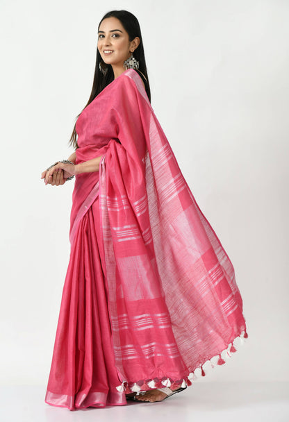Mominos Fashion Moeza Pink Bhagalpuri Handloom Silk Linen Saree with unstitched Blouse piece