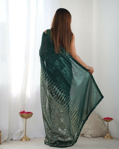 Green Georgette Designer Sequence Embroidery Work Saree - Sitare