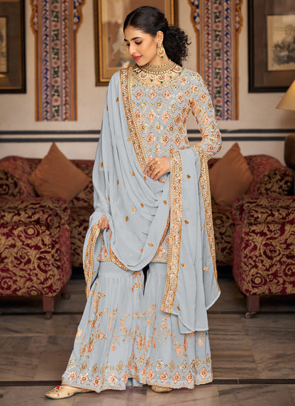 Vegaa Fashion Light Grey Georgette Ebroidered Designer Sharara Suit