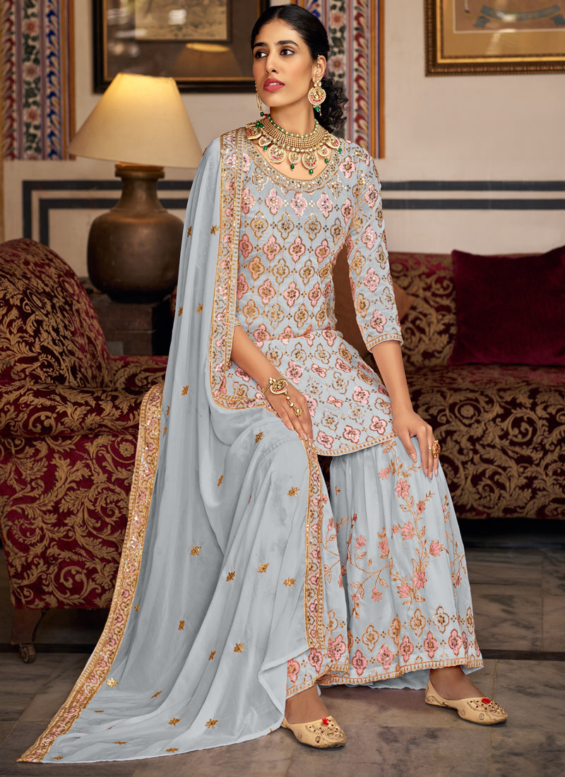 Vegaa Fashion Light Grey Georgette Ebroidered Designer Sharara Suit
