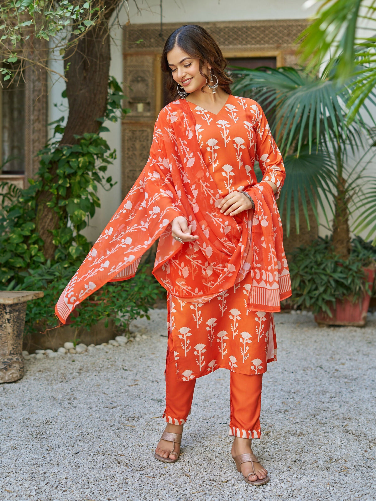 The52 Orange Women's Beautiful Cotton Blend Fabric Printed Work Straight Kurta, Pant and Dupatta Set