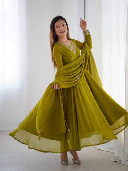 Lehenga Mart Designer Anarkali Suit for Women or Girls - Mahendi Green