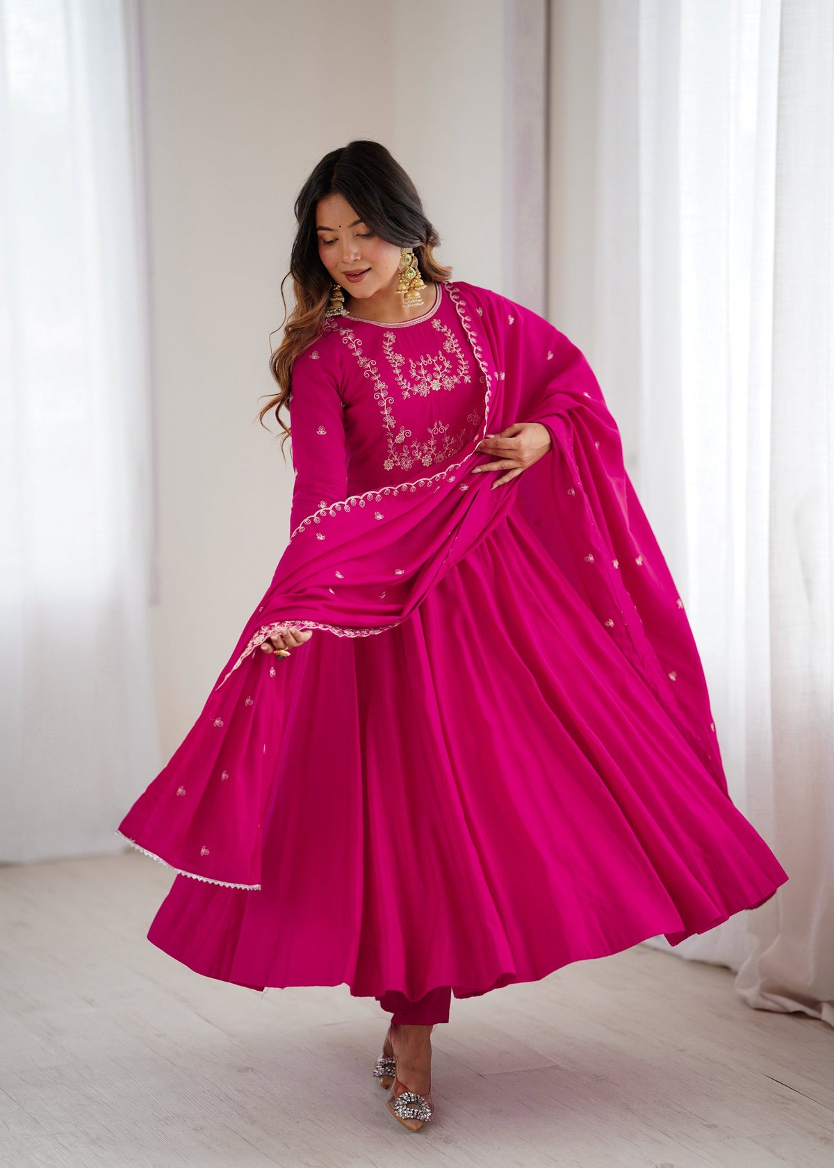 Lehenga Mart Designer Anarkali Suit Ready To Wear Kurta Pant With Dupatta For Women-Dark Pink