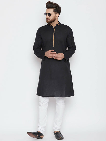 Even Apparels Black Color Pure Cotton Men's Kurta With Band Collar