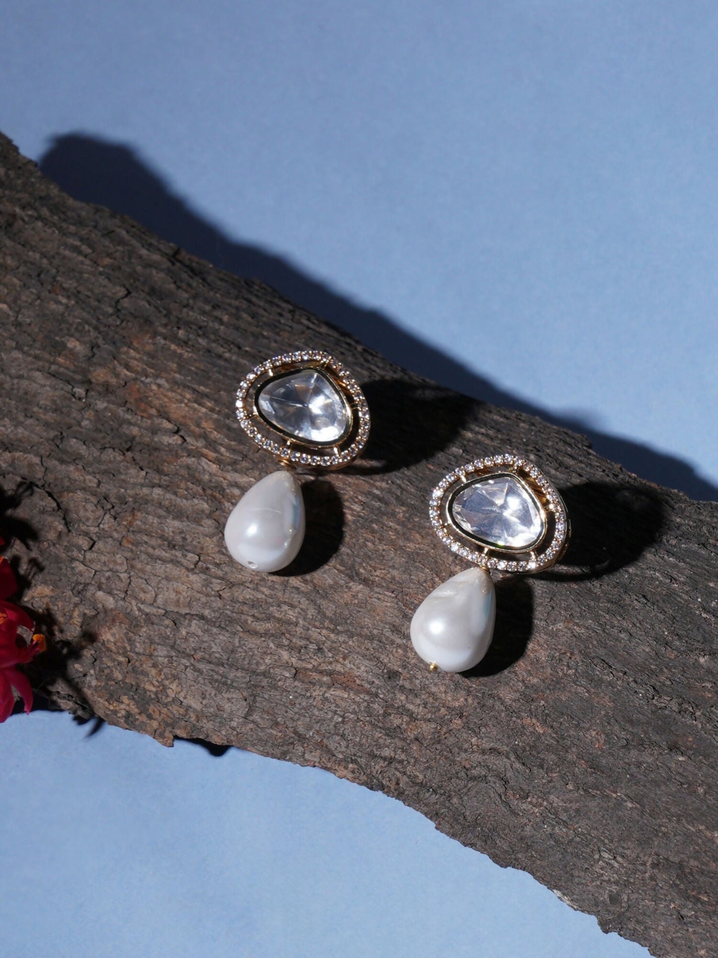 Kundan Studs with Pearl Drop (Gold) - Ruby Raang