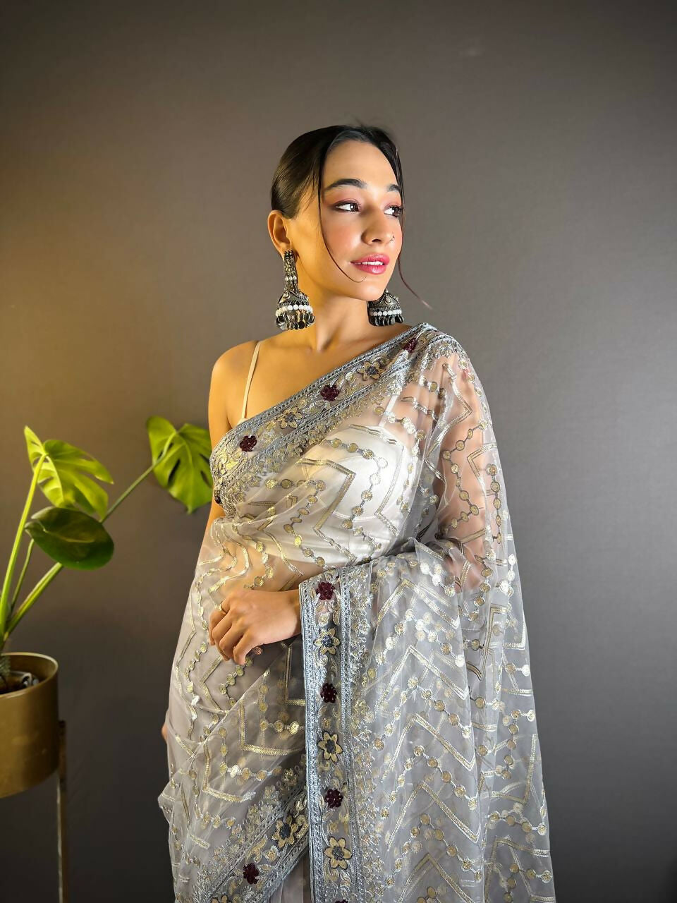Vastranavya Butterfly Net Designer Chain Stitch Embroidery Work with Foil Thread & Stone Work Saree with Blouse Material - Grey