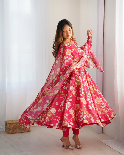 Lehenga Mart Organza Silk Anarkali Style Gown With Dupatta - pink