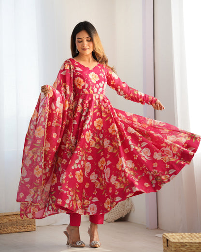 Lehenga Mart Organza Silk Anarkali Style Gown With Dupatta - pink