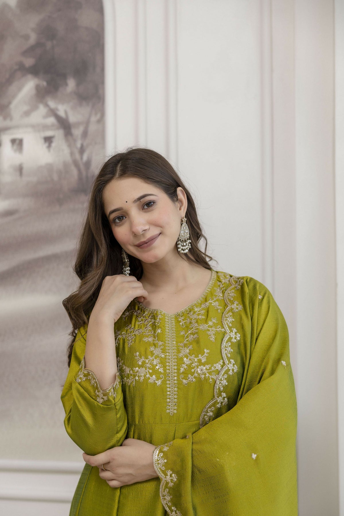 The52 Light Green Women's Beautiful Vichitra Silk Fabric Embroidered Work Flared Anarkali Pant and Dupatta Set