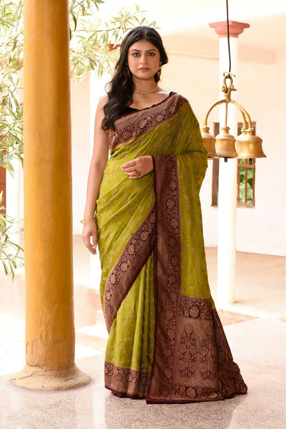 Joban Fashion Grass Green Crepe Chiffon Pure Handloom Banarasi Silk Saree