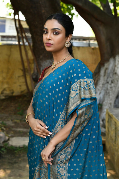 Joban Fashion Peacock Crepe Chiffon Pure Handloom Banarasi Silk Saree