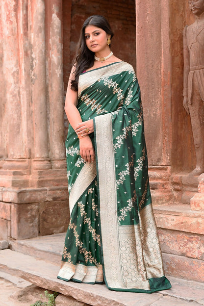 Joban Fashion Emerald Green Banarasi Katan Pure Handloom Banarasi Silk Saree