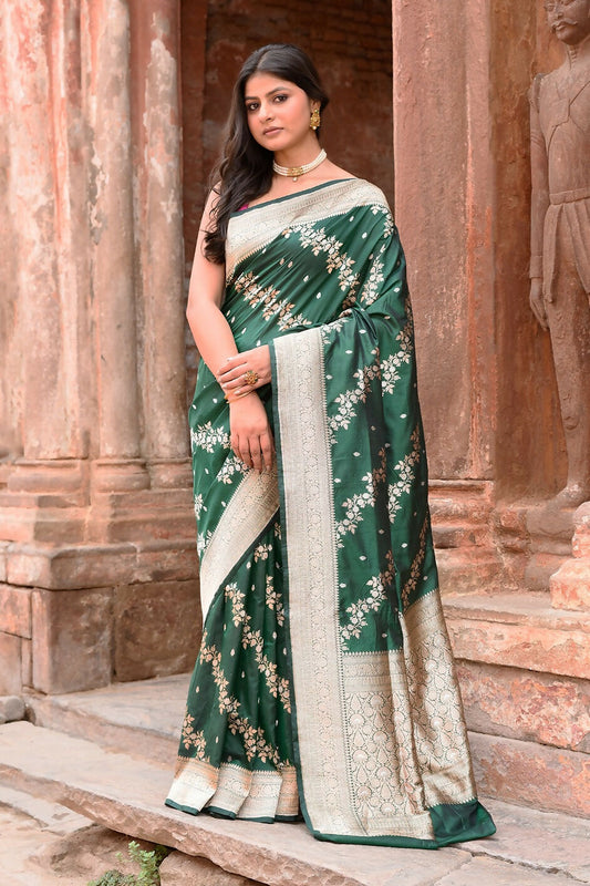 Joban Fashion Emerald Green Banarasi Katan Pure Handloom Banarasi Silk Saree