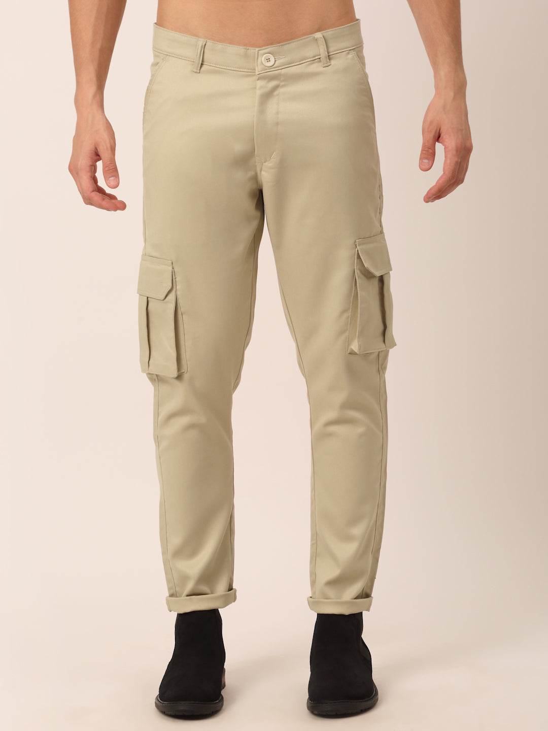 Jainish Men's Casual Cotton Solid Cargo Pants ( KGP 154 Cream )