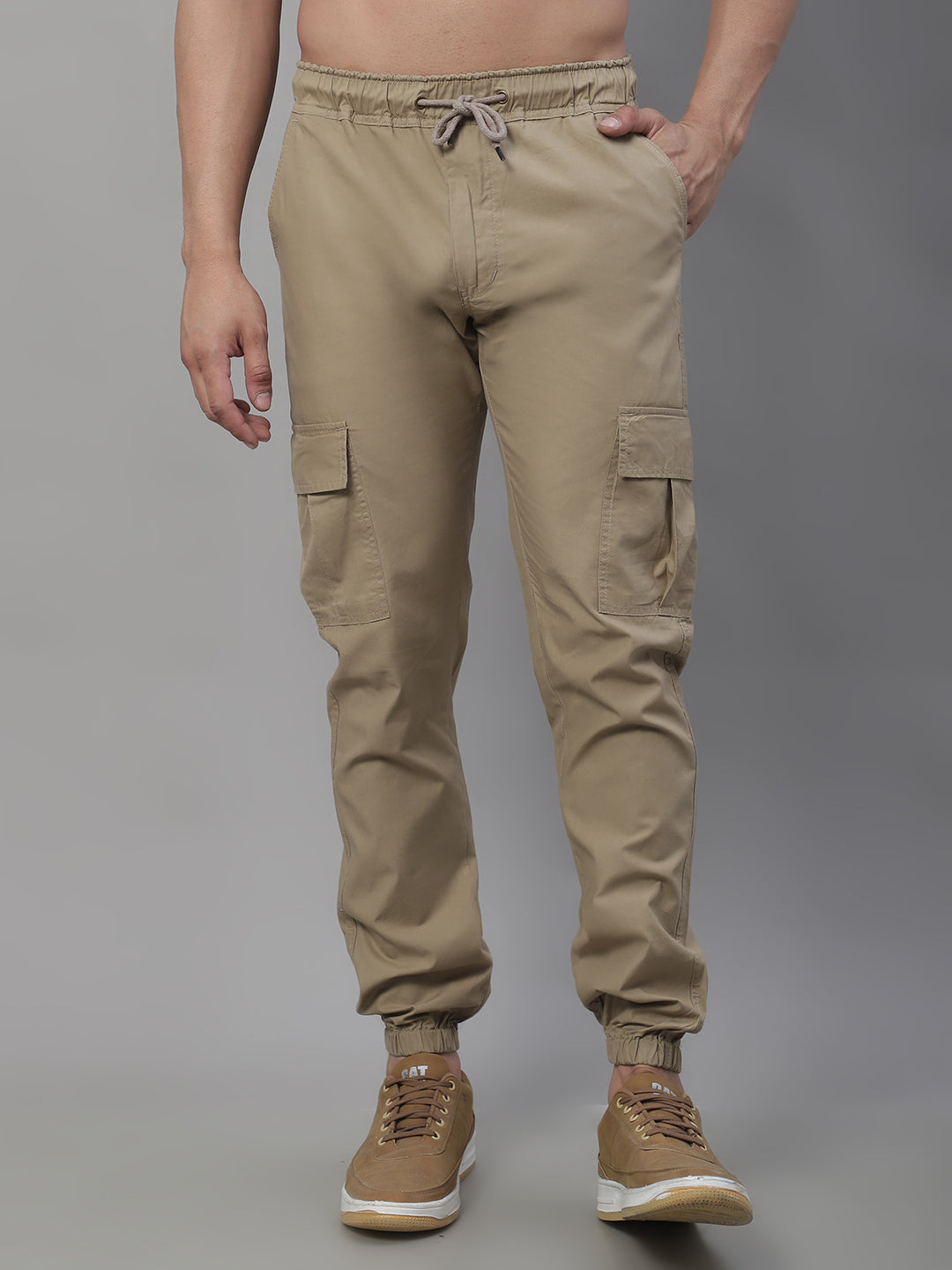 Jainish Men's Casual Cotton Solid Cargo Pants - Beige