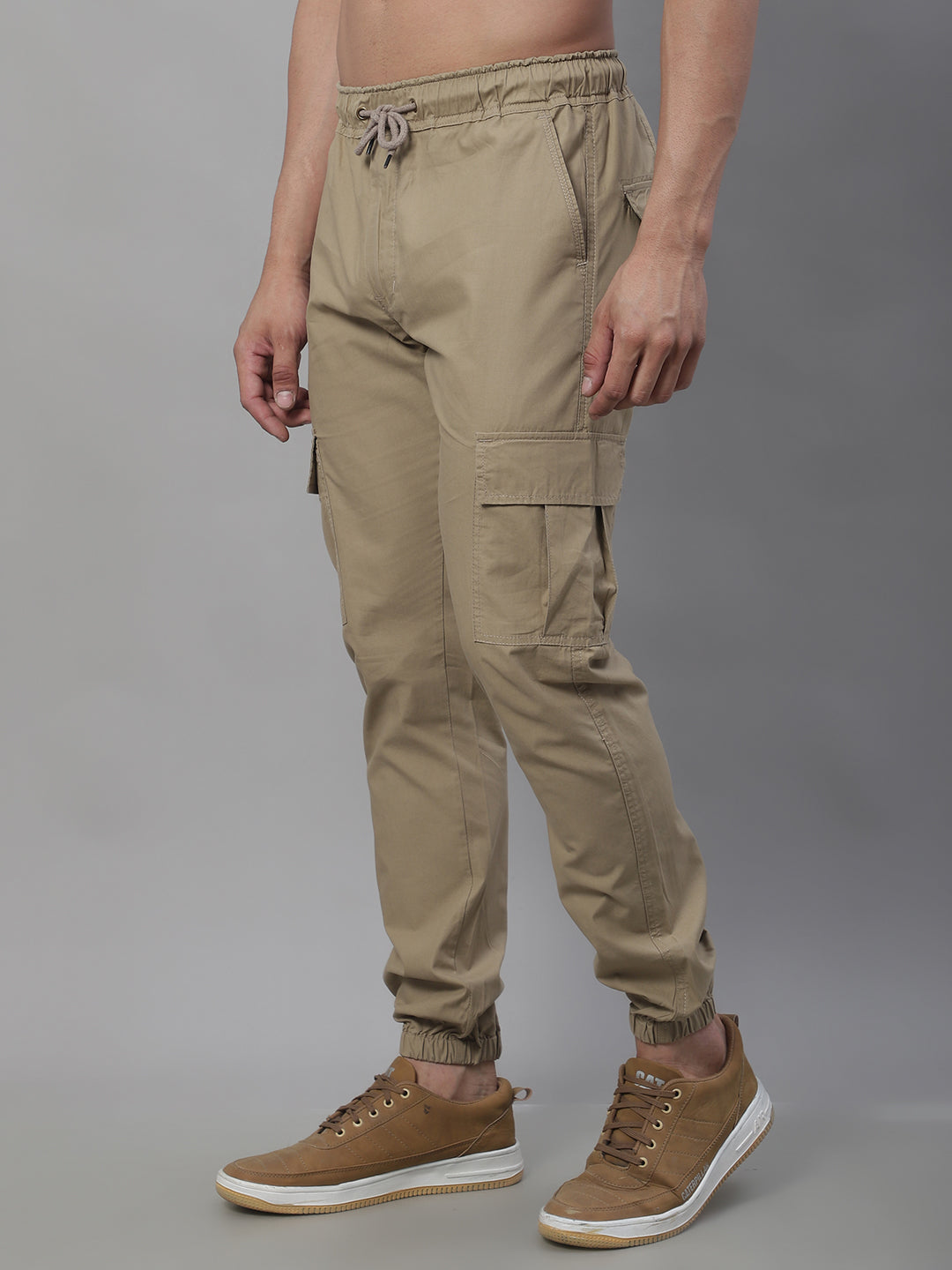 Jainish Men's Casual Cotton Solid Cargo Pants - Beige