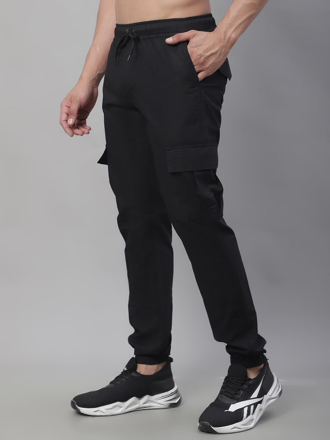 Jainish Men's Casual Cotton Solid Cargo Pants - Black