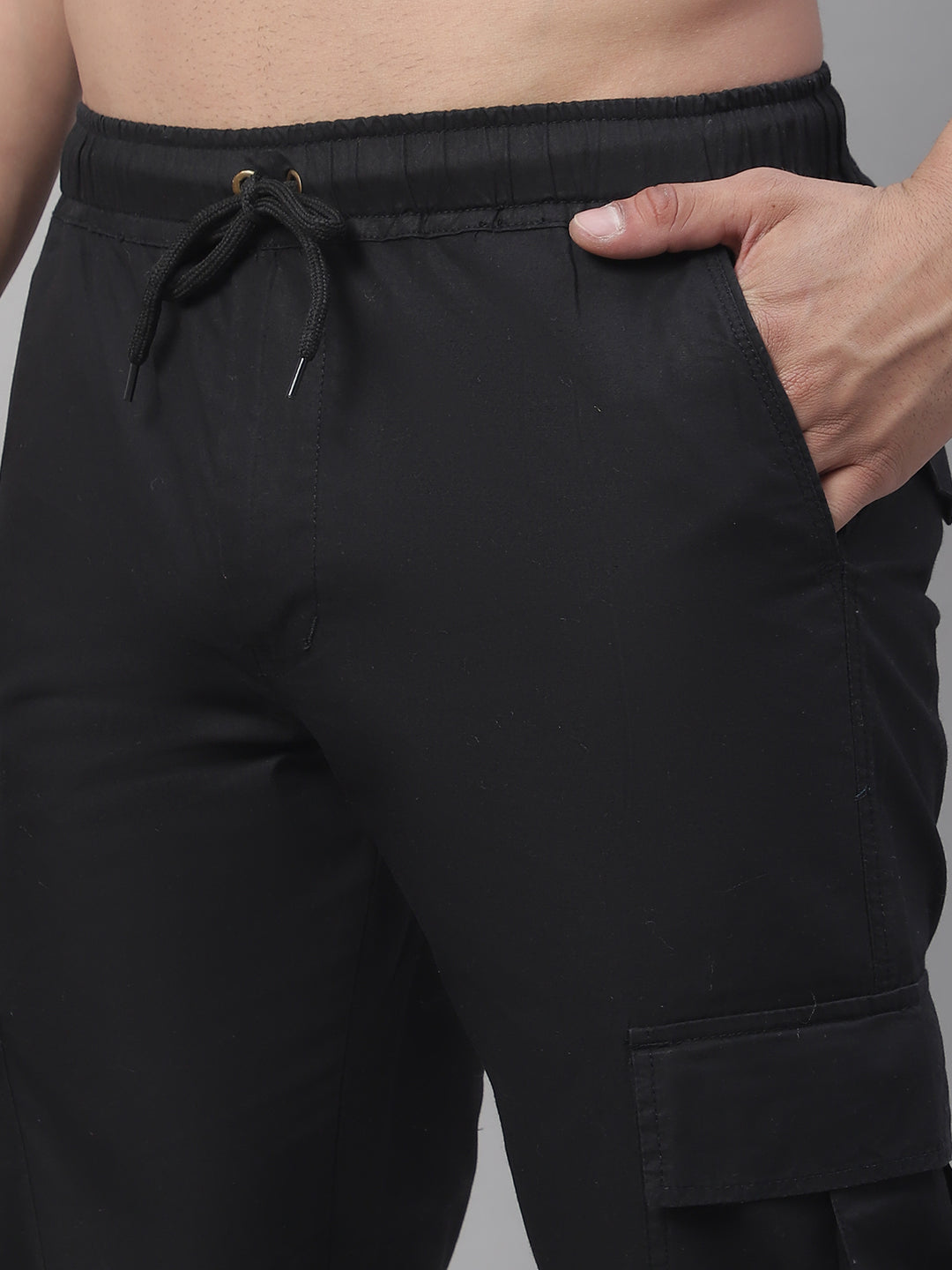 Jainish Men's Casual Cotton Solid Cargo Pants - Black