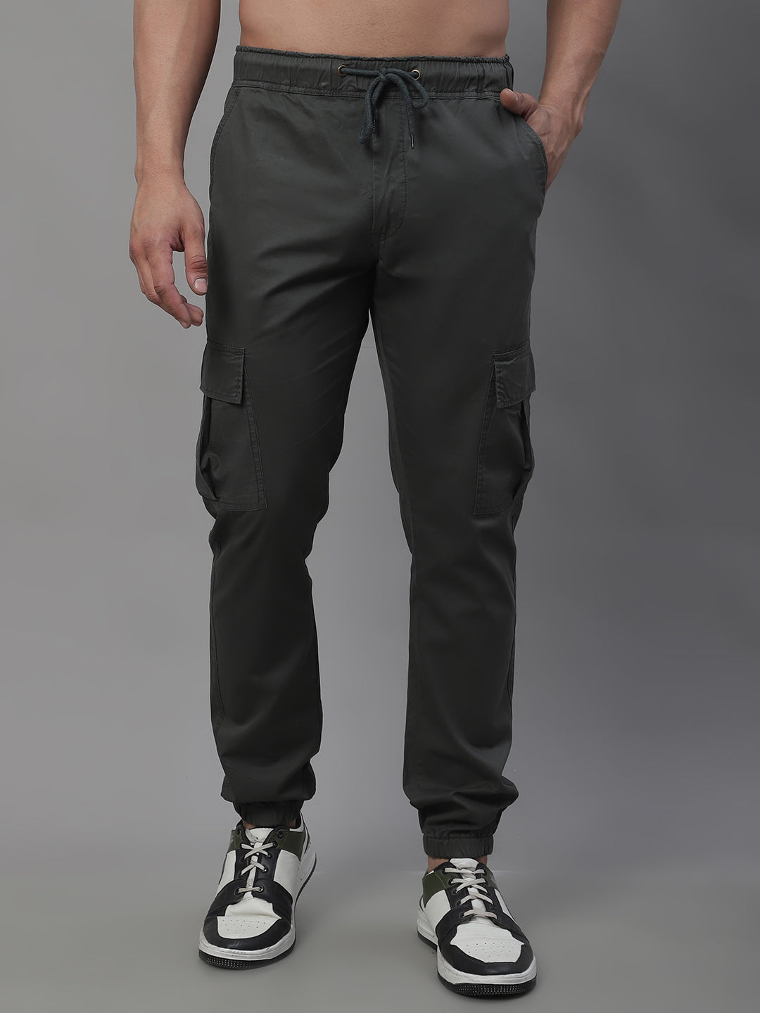Jainish Men's Casual Cotton Solid Cargo Pants - Grey
